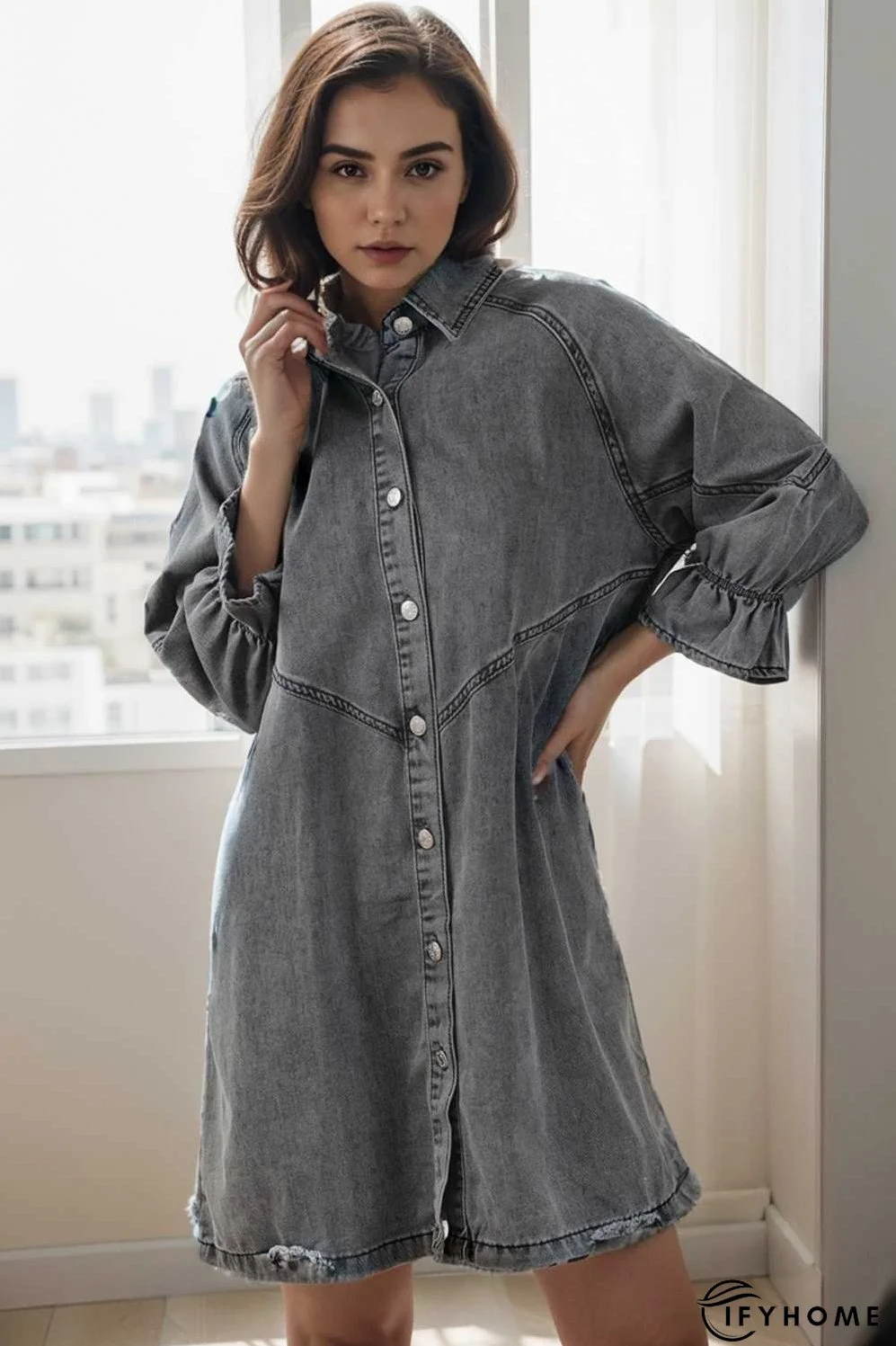 down loose short sleeve denim jean dress drop shoulder a line paneled peasant closed bateau v neck dress | IFYHOME