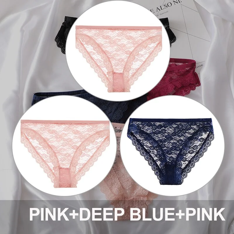 FINETOO 3PCS/Set Floral Lace Sexy Women Lingerie Panties M-2XL Plus Size Underpants Transparent Female Comfortable Briefs Girls
