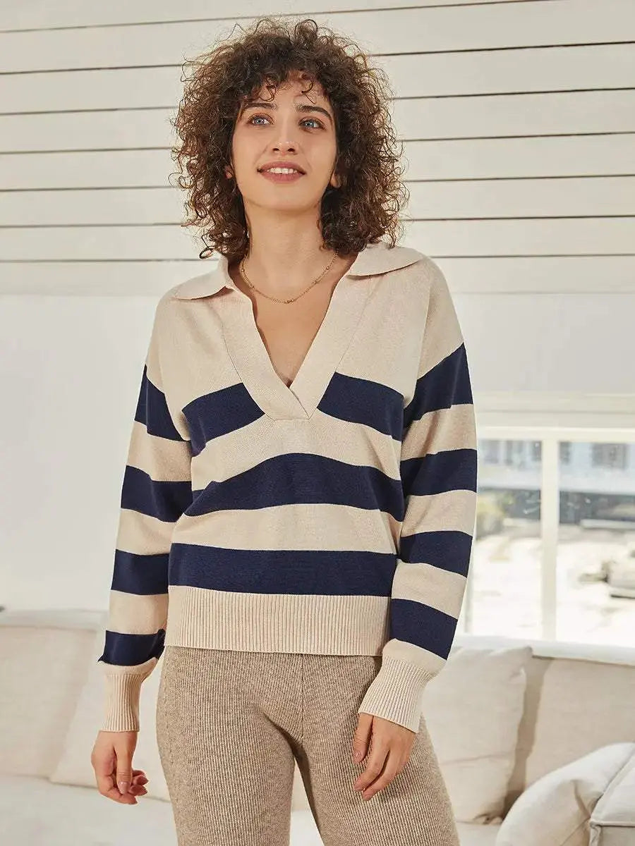 Colorblock V Neck Striped Pullover Sweater
