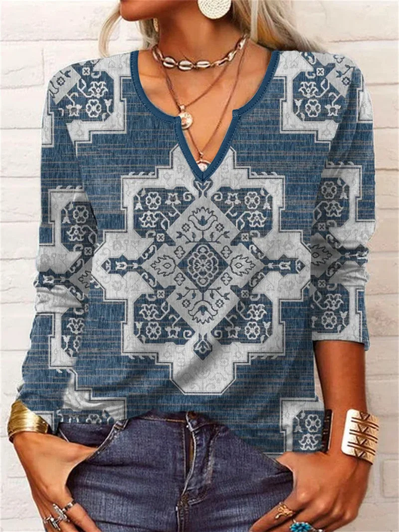 Women's Long Sleeve V-neck Printed Graphic Tops