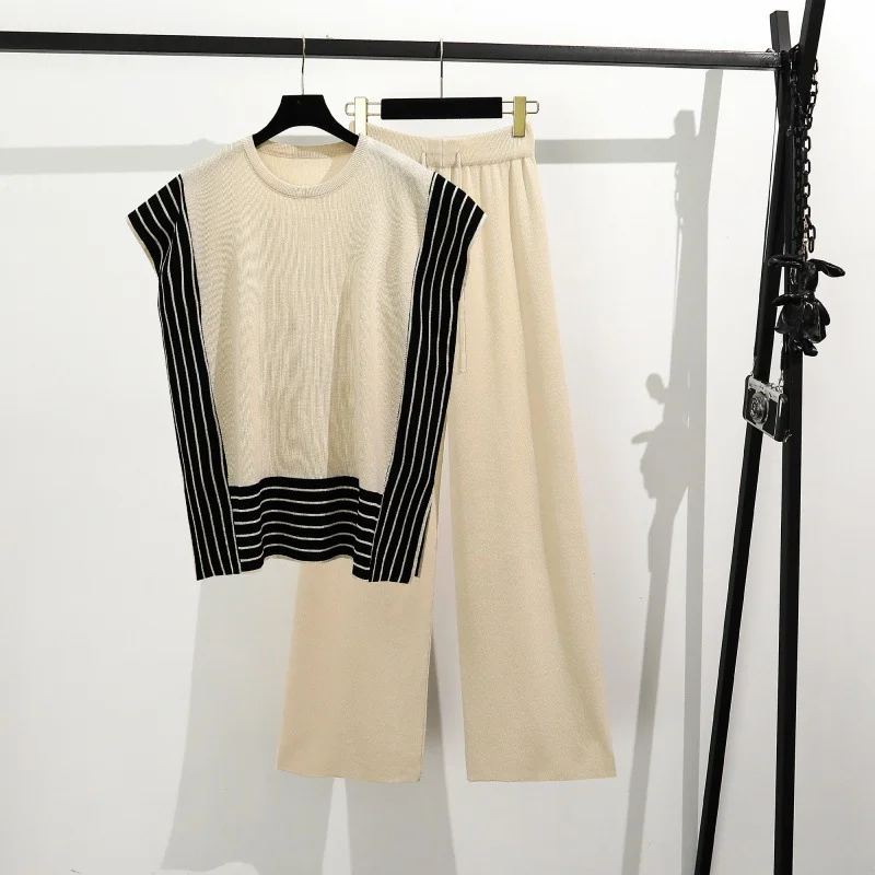 Uveng Uveng Simple Splicing Loose Short-Sleeved Knitting Top High Waist Thin Leg Pants Two Sets