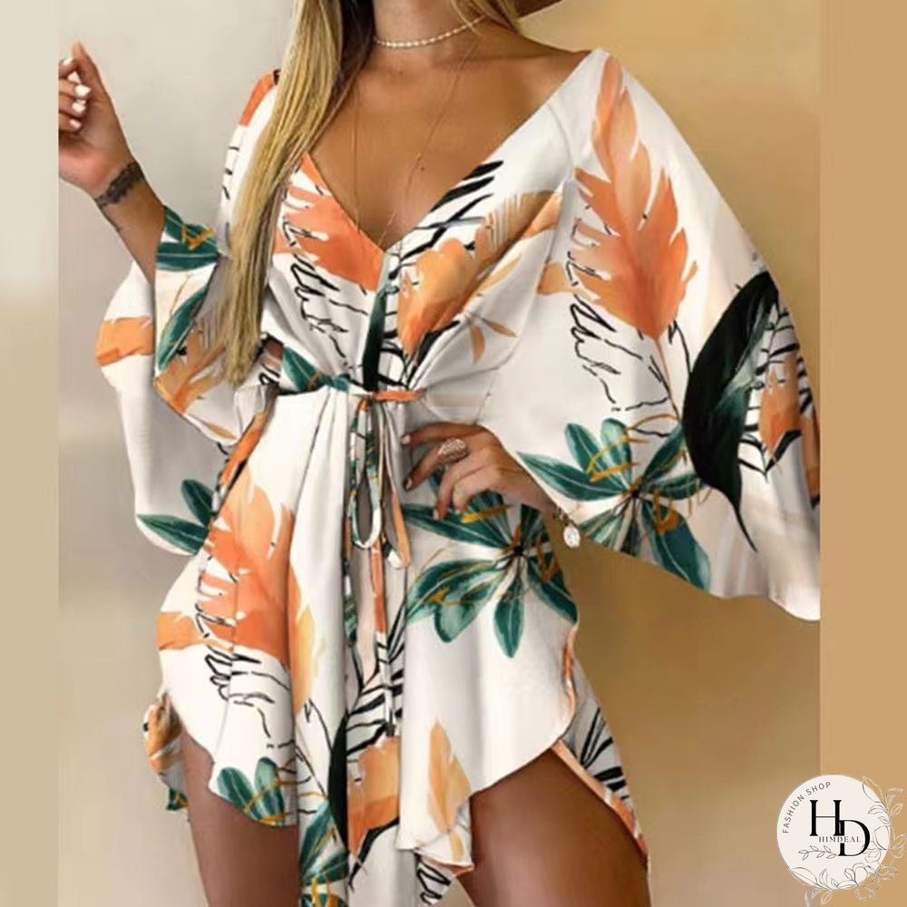 New Summer Beach Elegant Women Dresses Sexy V Neck Lace-up Floral Print Mini Dress Casual Flared Sleeves Ladies Party Dress
