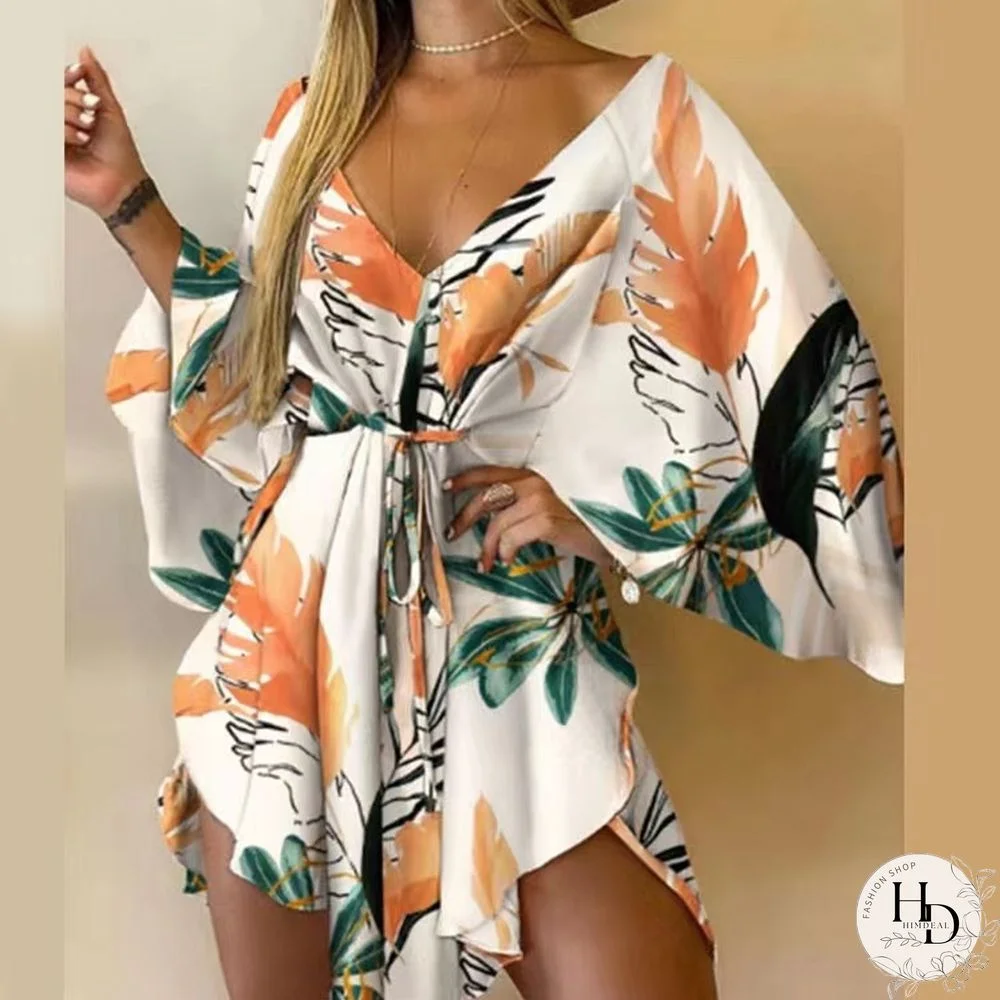 New Summer Beach Elegant Women Dresses Sexy V Neck Lace-up Floral Print Mini Dress Casual Flared Sleeves Ladies Party Dress