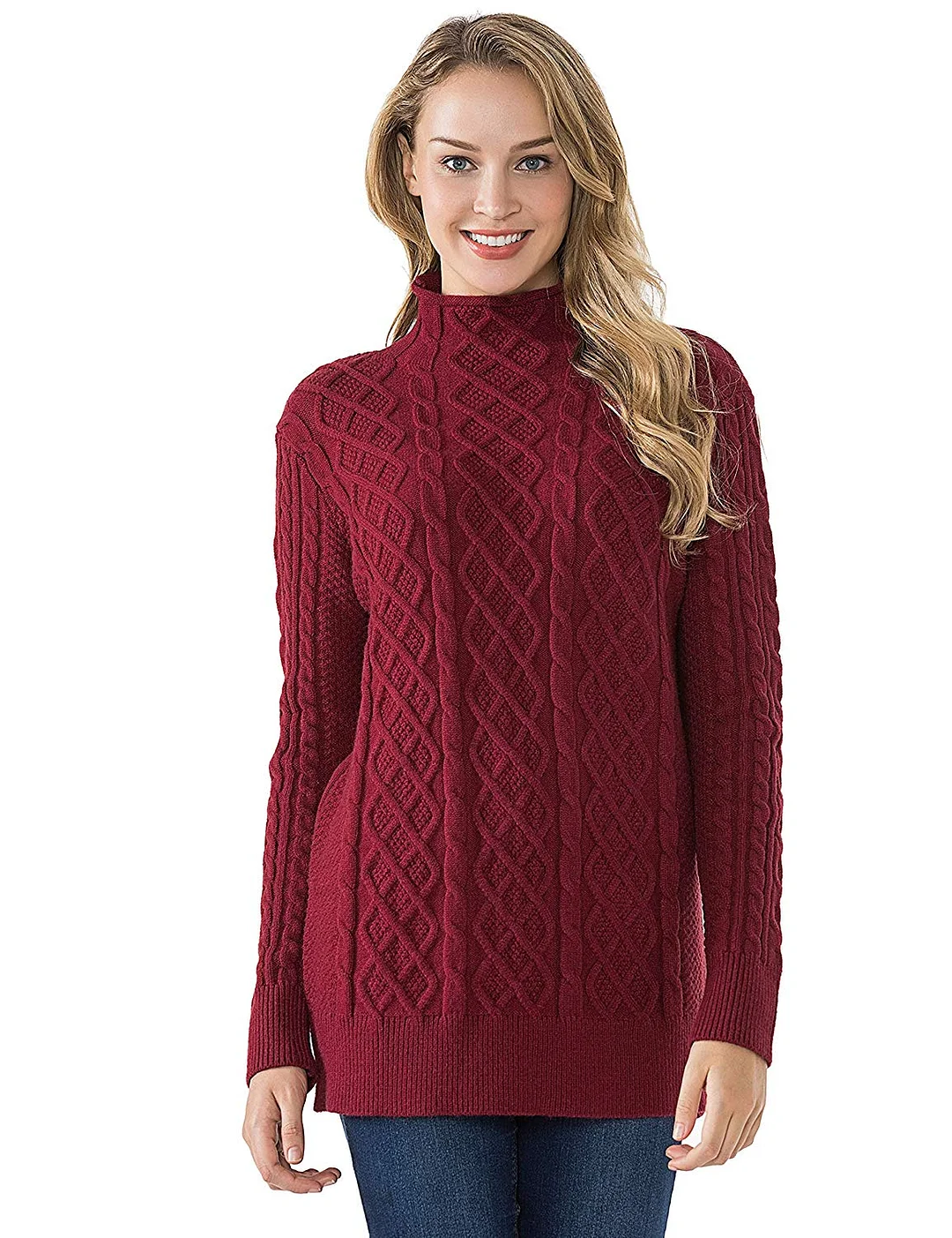Women's Tunic Sweater Cable Knit Mock Neck Pullover Long Sweater Tops