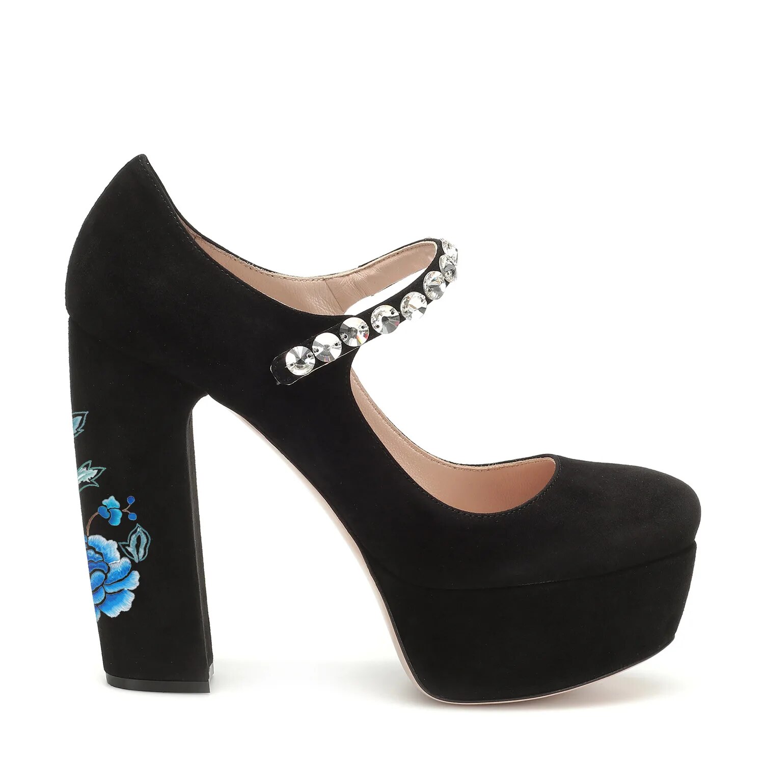 TAAFO Black Platform High Chunky Heels Women's Pumps Crystal Round Toe Mary Janes Dress Party Ladies Shoes