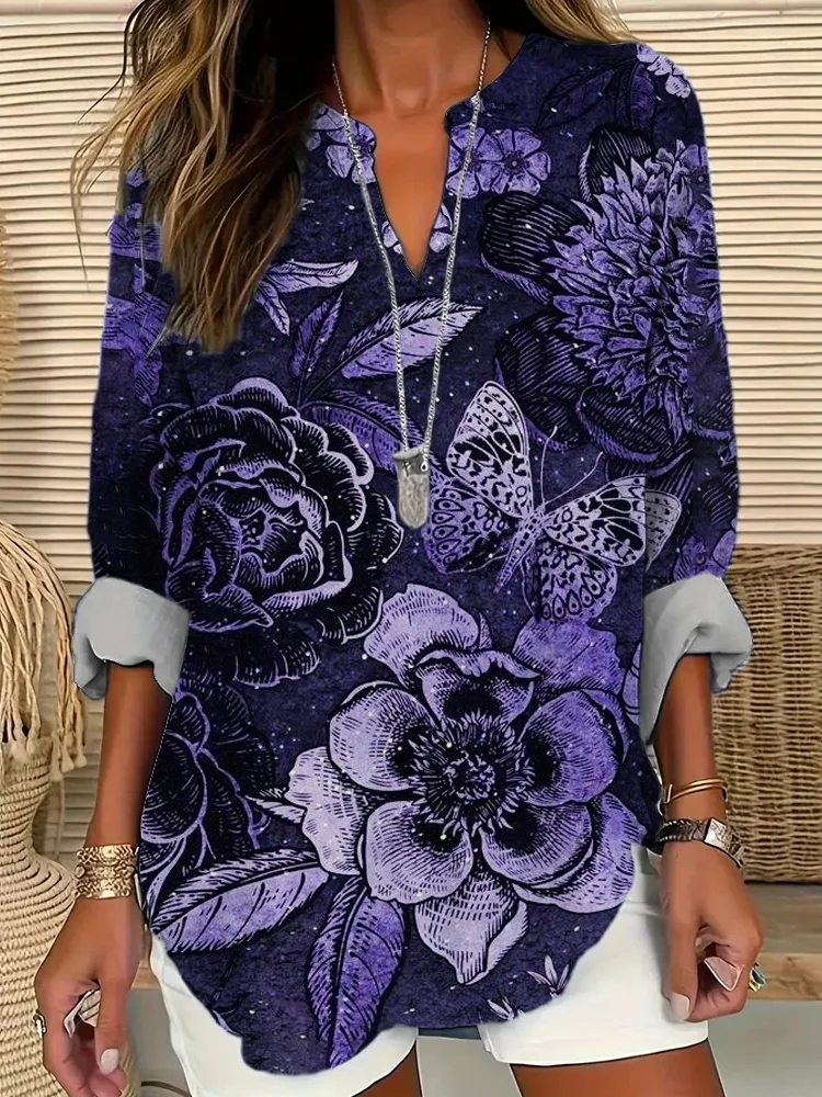 Purple Floral Pattern Women's V-Neck Long Sleeve Shirt