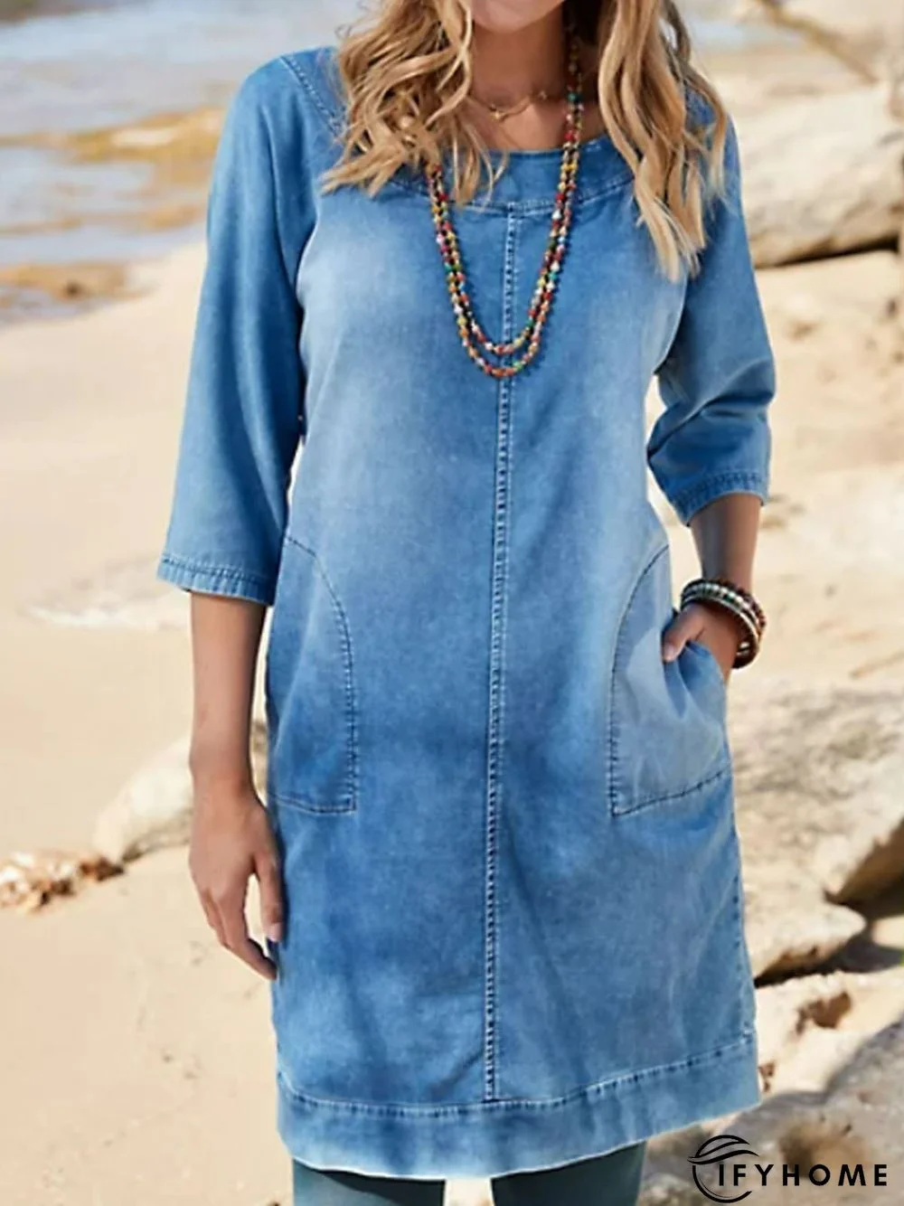 Crew Neck Denim Casual Plain Dress | IFYHOME