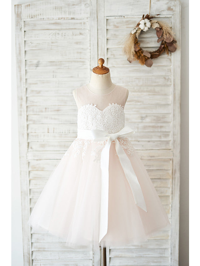 Oknass Sleeveless Jewel Neck Ball Gown Flower Girl Dress Lace Tulle With Belt