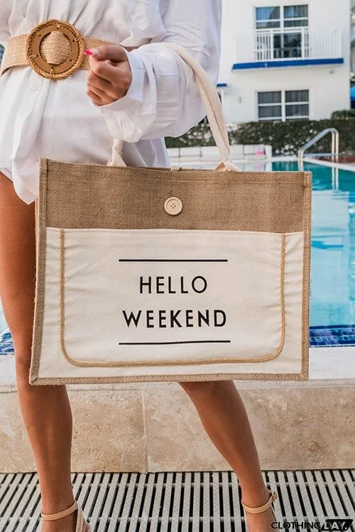 HELLO WEEKEND Jute Tote Bag