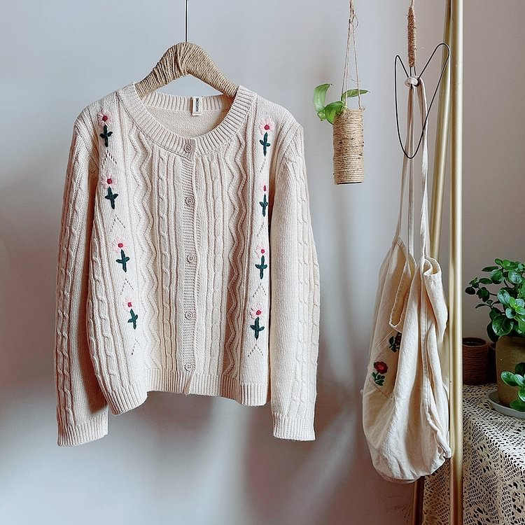 Queenfunky cottagecore style Cottagecore Hand Floral Embroidery Cardigan QueenFunky