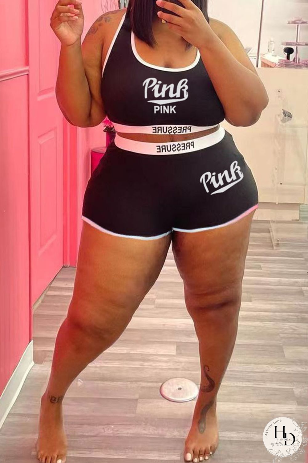 Blue Casual Letter Print Patchwork Spaghetti Strap Plus Size Two Pieces