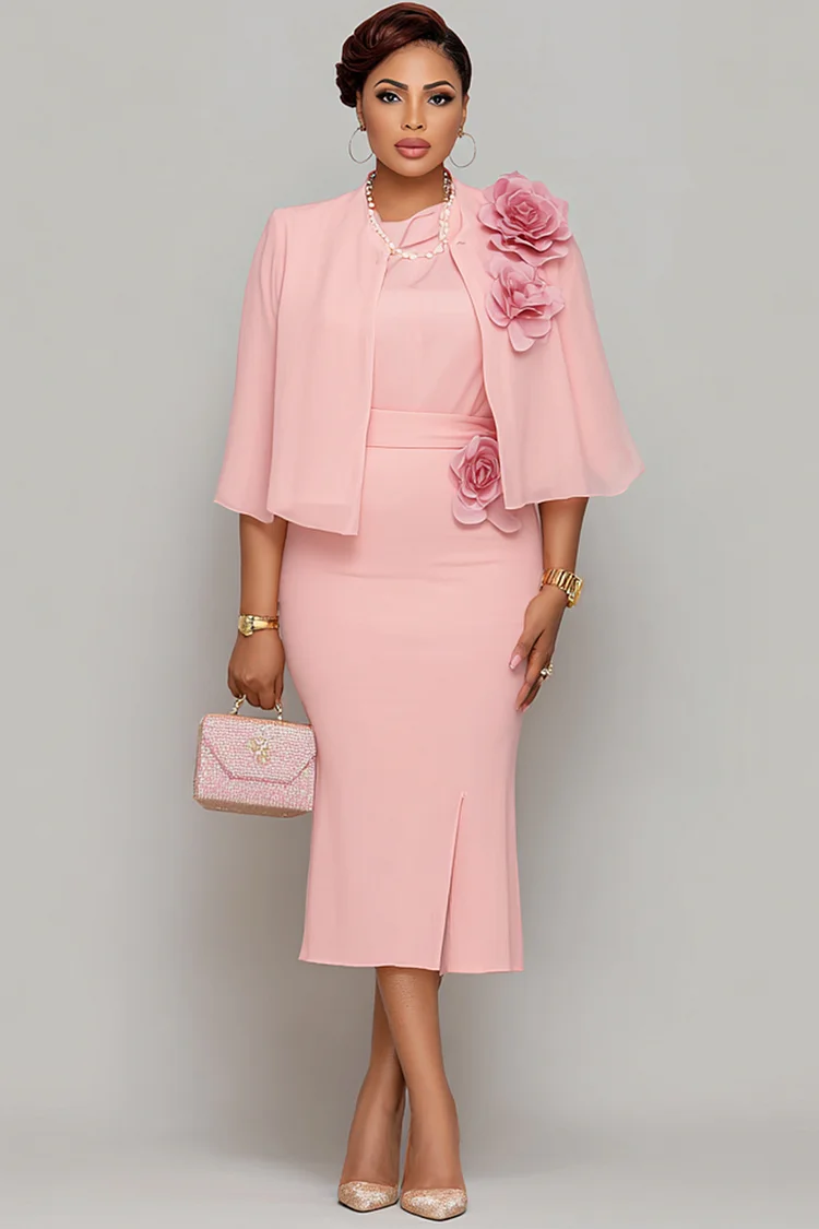 Xpluswear Design Plus Size Mother Of The Bride Pink Round Neck 3/4 Sleeve 3D Two Piece Dress Set [Pre-Order] 2024 - Xpluswear