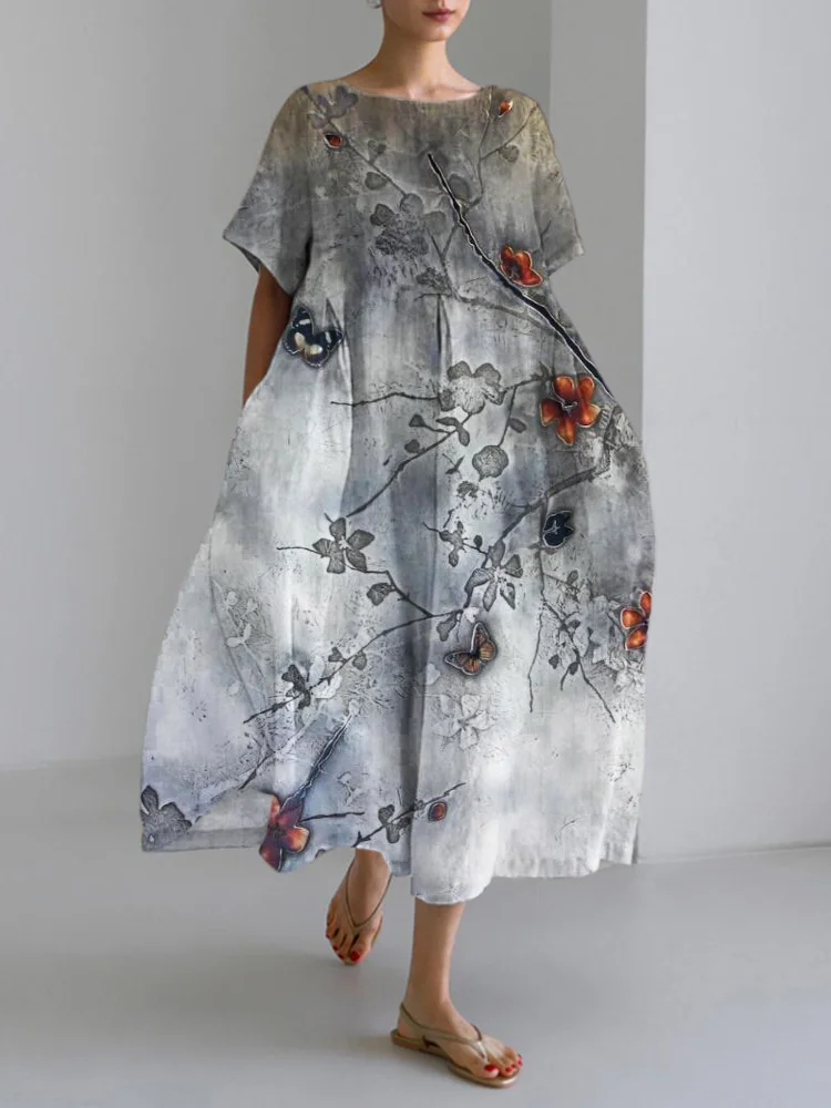 Comstylish Botanical Ash Art Print Linen Short Sleeve Midi Dress
