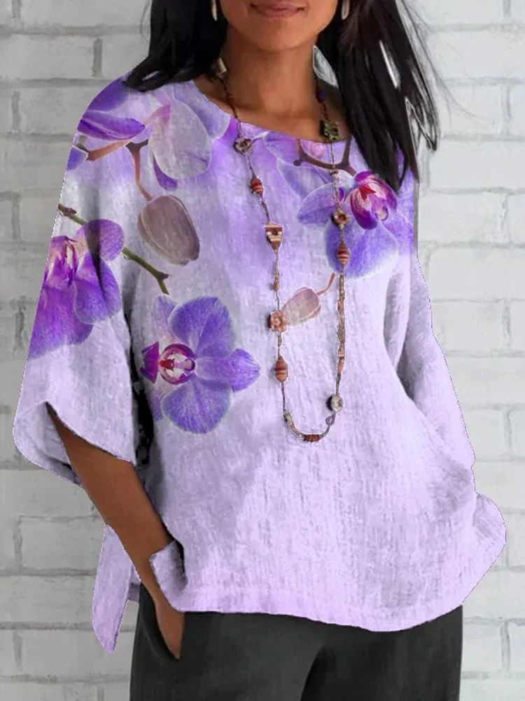 Women's Alzheimer'S Purple Flowers Print Round Neck Loose Shirt