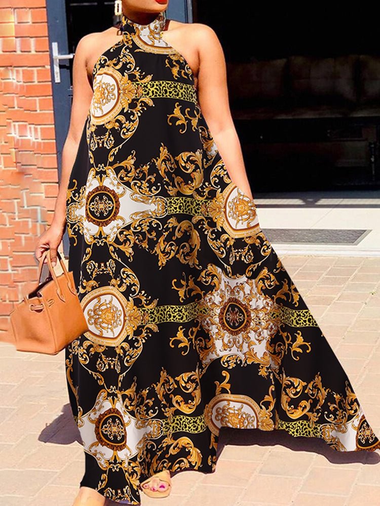 Large size halter neck sleeveless print A-line women's dress QueenFunky