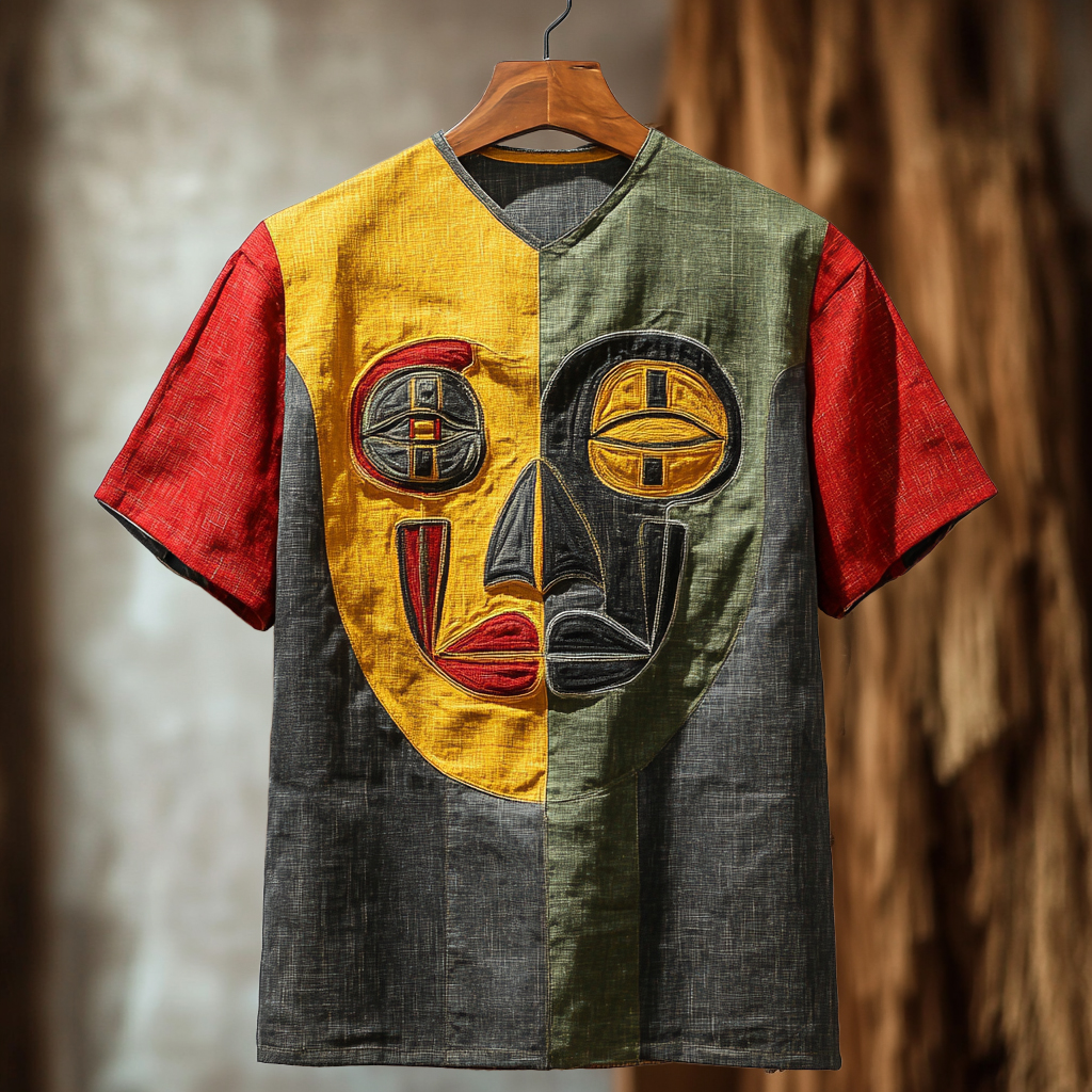 Men's African Tribal Mask Art Linen T Shirt