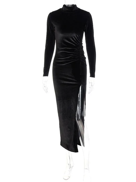 Solid Velvet Long Sleeve Ruched Midi Dress