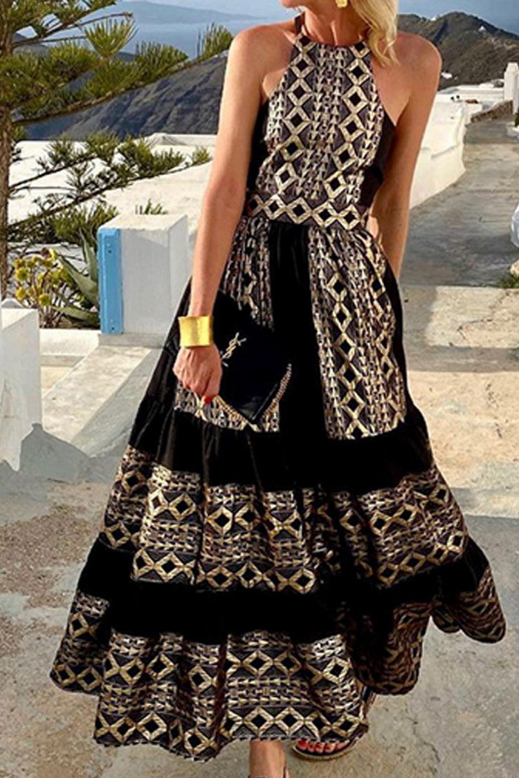 Bohemian Sexy Backless Sleeveless Lace-up High Waist Printing Dress