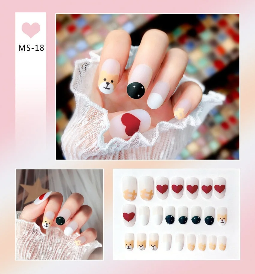 24pcs Matte False Nail Press On Nail With Glue Round Graffiti Fake Nail Manicure Nail Art Decoration  Nail Art Tools-Nail Inspo