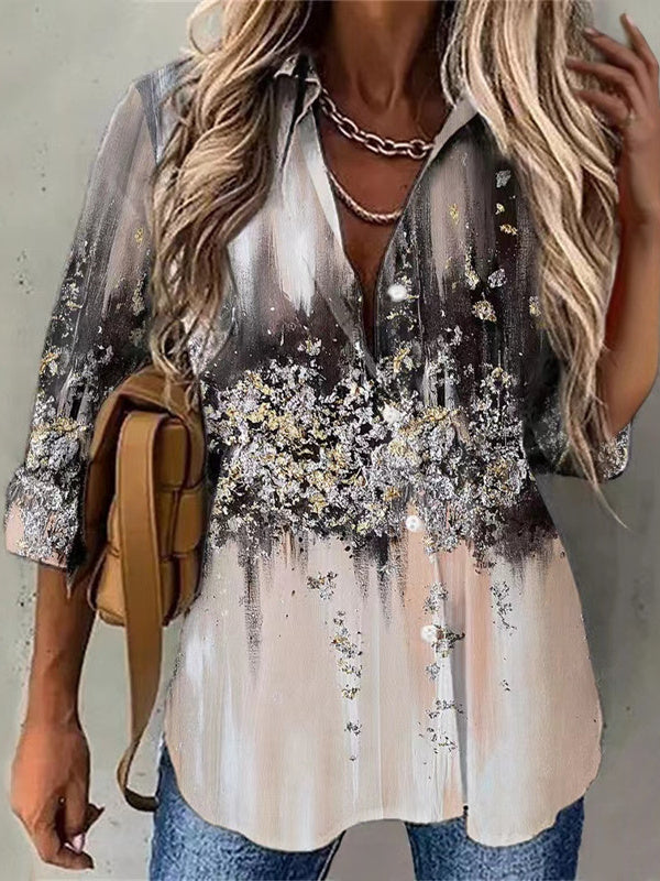 Women Long Sleeve V-neck Graphic Floral Printed Top