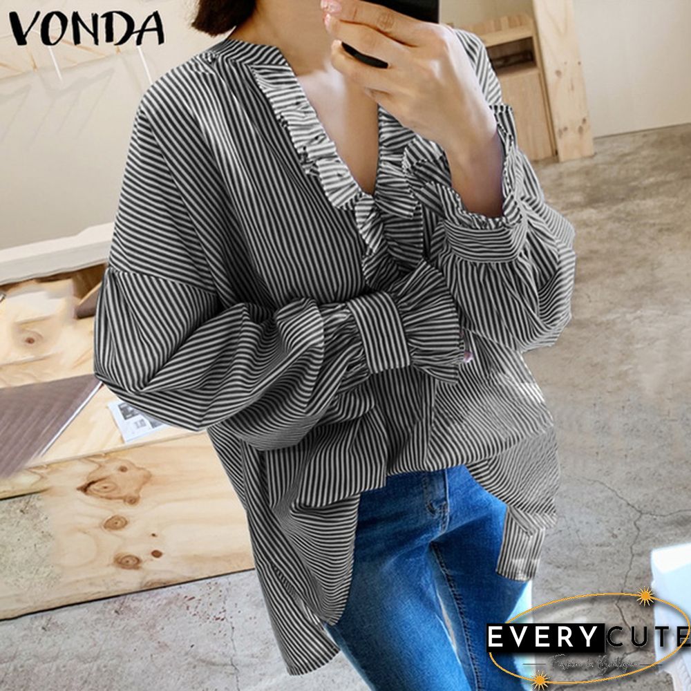 VONDA Plus Size Women Casual Blouse Long Sleeve V Neck Ruffle-Trim Striped Shirt Loose Tunic Tops