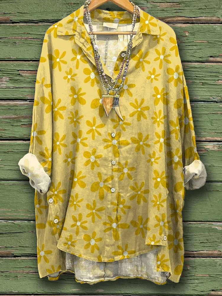 Women's Yellow Floral Flowers Print Casual Cotton And Linen Shirt
