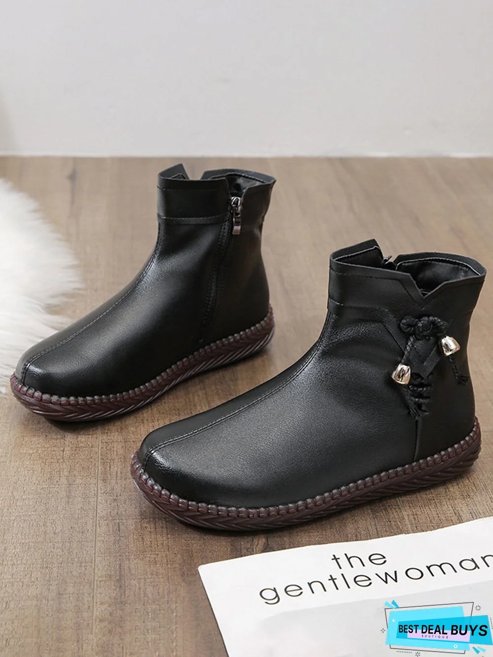 Women's Bow Faux Fur Lined Plain Boots with Zipper