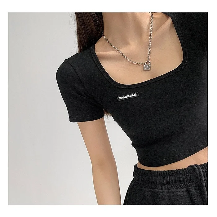 Brownm Brownm Collar Dew Collarbone Slim Bottom Shirt 2024 Summer New Short-Sleeve Crop Cord T-Shirt Student Short Jacket Female Ins