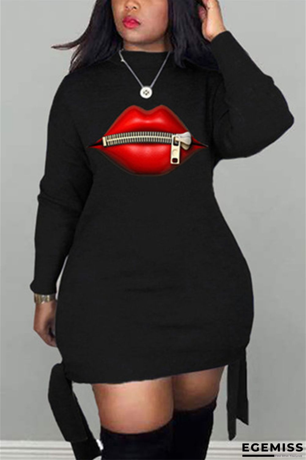 Black Casual Long Sleeves O neck Pencil Dress skirt Print lip Dresses | EGEMISS