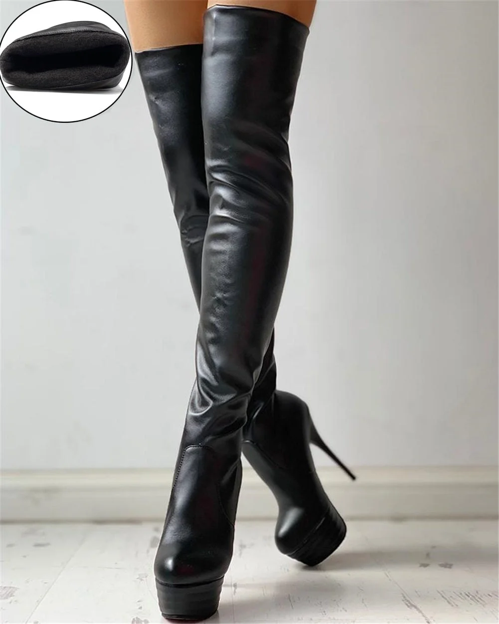 Plus Size 31-46 Ladies Sexy Extreme High Fetish Thin Heels Party Shoes Women Winter Add Fur Platform Thigh High Boots Woman