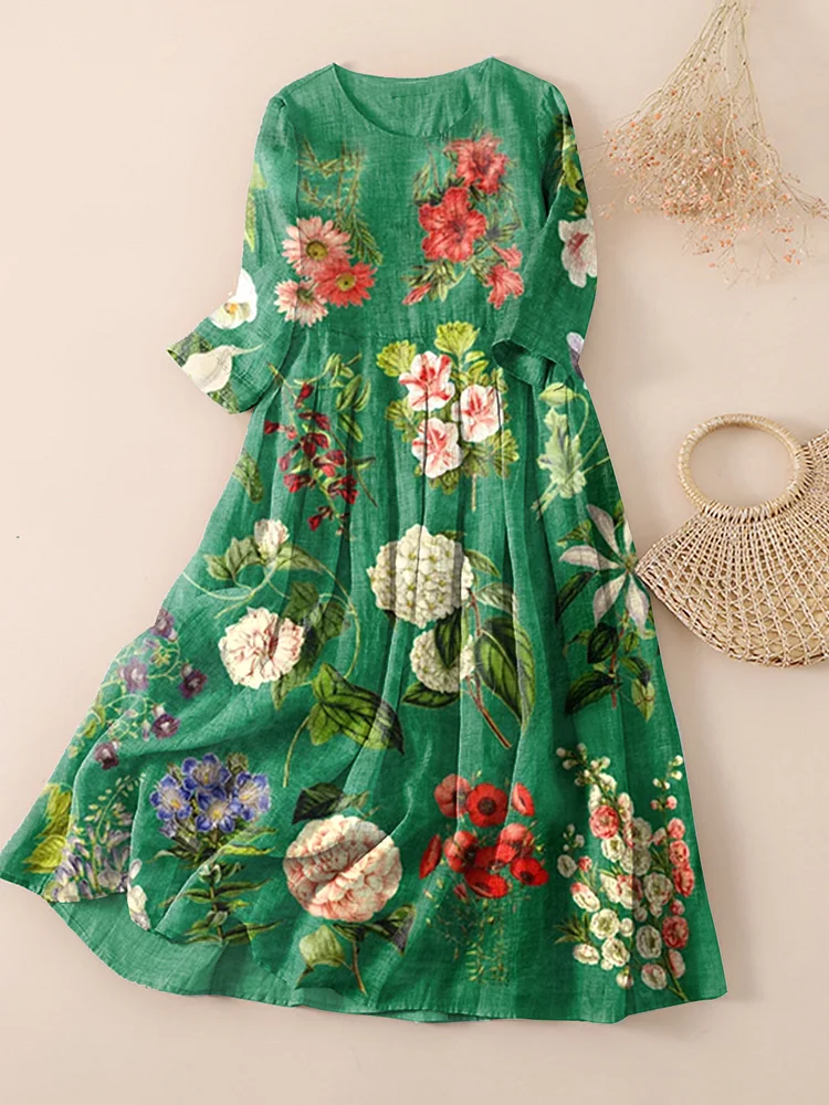Women's Retro Spring Boho Flowers Art Print Cotton Maxi Dress