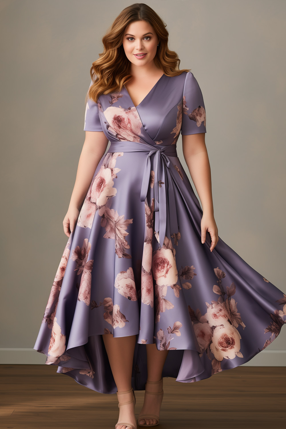 Flycurvy Plus Size Wedding Guest Taro Color Satin Floral Print Wrap High Low Hem Maxi Dress