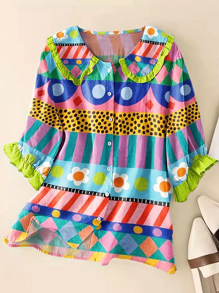 Women Vintage Abstract Geometric Colorful Art Print Peter Pan Collar Half Sleeve Blouses