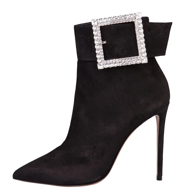 Black Vegan Suede Rhinestone Buckle Stiletto Heel Ankle Boots |FSJ Shoes