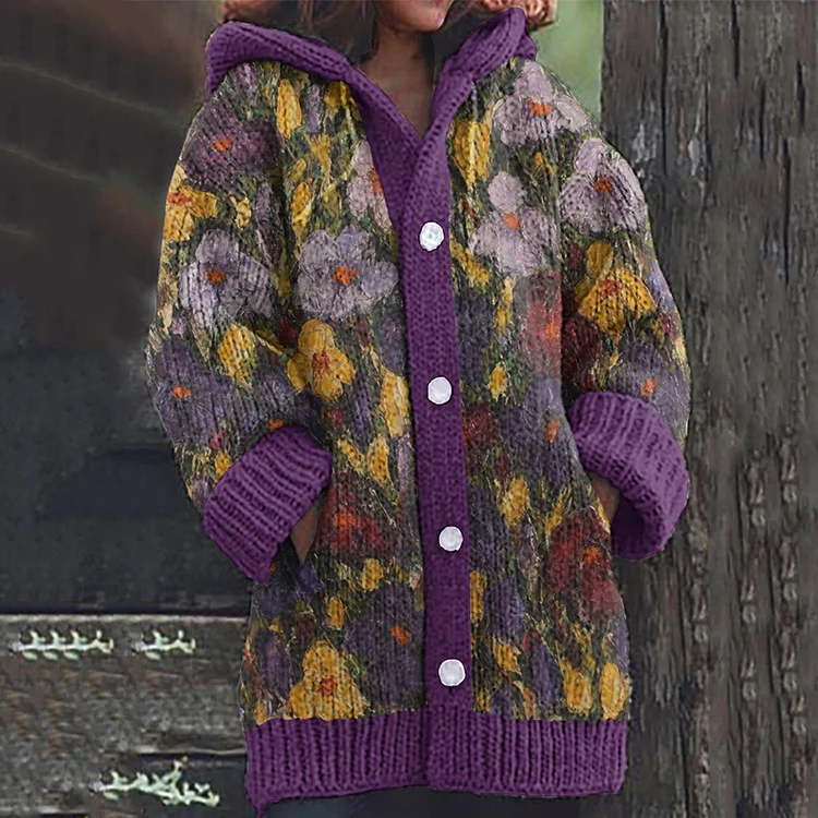 Vintage Floral Art Button Casual Sweater Cardigan