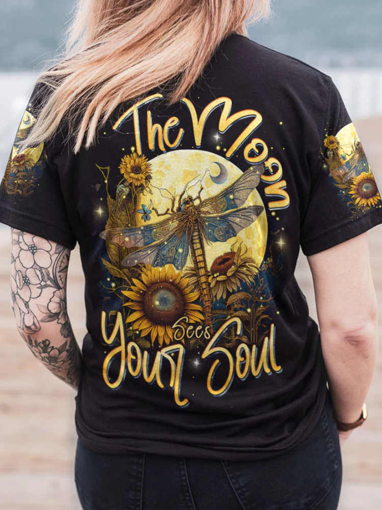 wearshes The Moon Sees Your Soul Dragonfly All Over Print  V Neck T Shirt