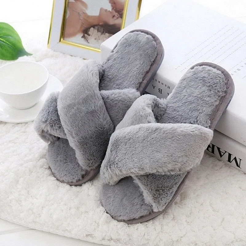 Warm Fluffy Slippers Women Faux Fur Slipper Female Indoor Floor Slides Flat Soft Furry House Shoes Letteer Flip Flops Ladies