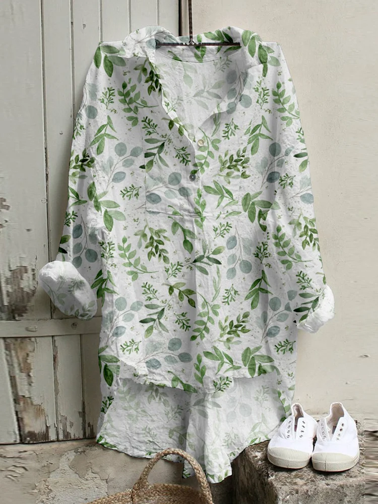 Watercolor Leaves Linen Blend High Low Tunic