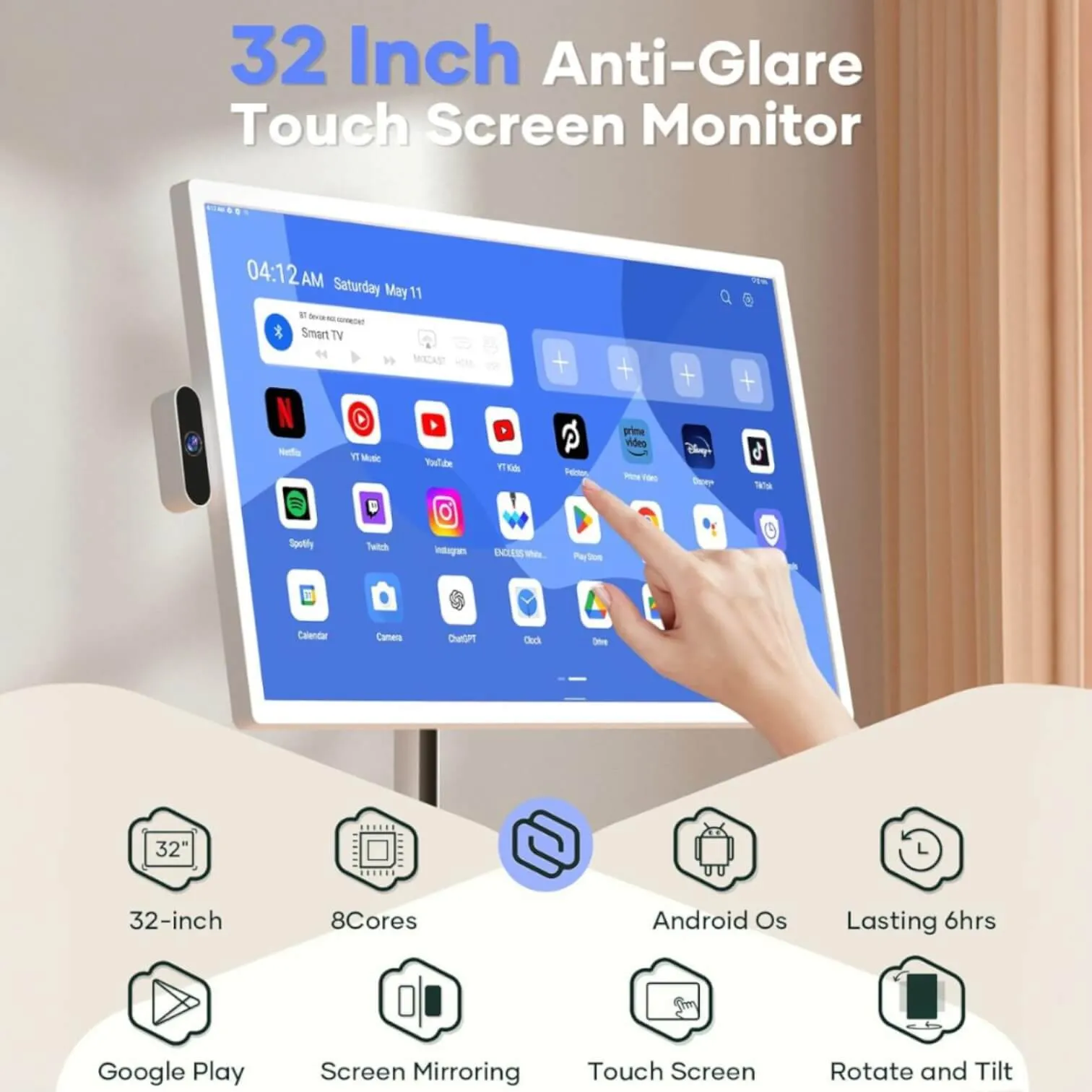 Portable touchscreen TV used for movies, gaming, kitchen recipes and home workouts