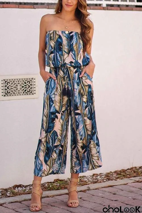 Leaf Strapless Pockets Jumpsuit