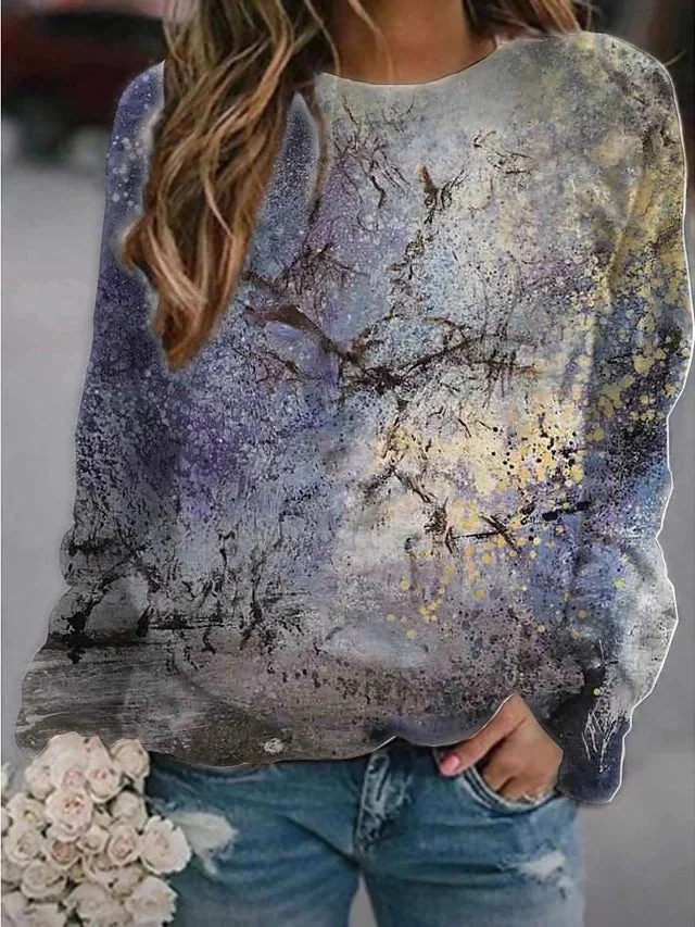 Uveng Landscape Flower Floral Print Long Sleeve Sweaters