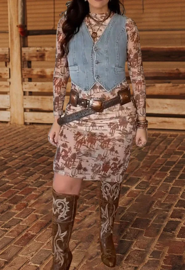 Vintage Western Horse Print Long Sleeve Dress
