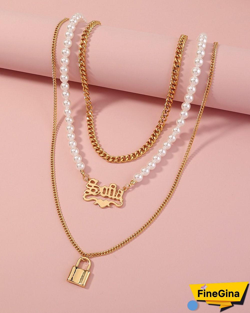3PCS Letter & Lock Pendant Beaded Chain Necklace