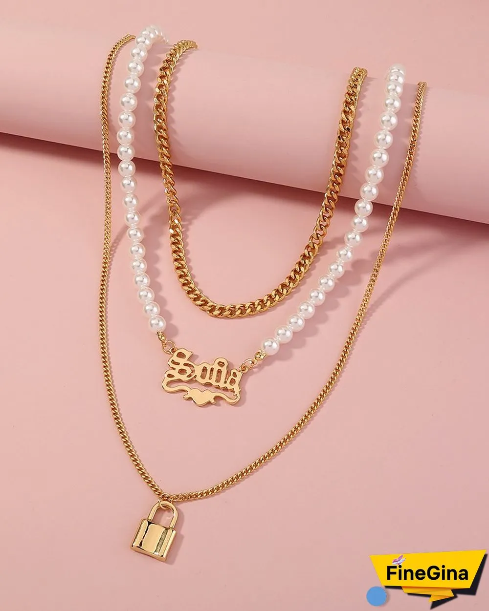 3PCS Letter & Lock Pendant Beaded Chain Necklace