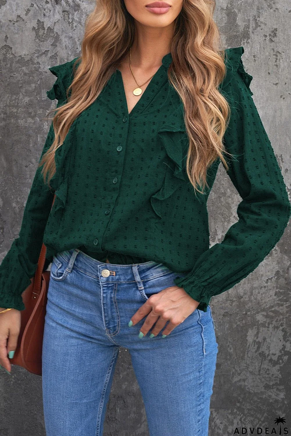 Dotted Texture Sheer Ruffles Bubble Sleeves Shirt