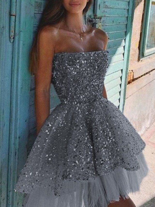 Lussooy Strapless Chic Sequins Bud Short Mini Homecoming Dress  