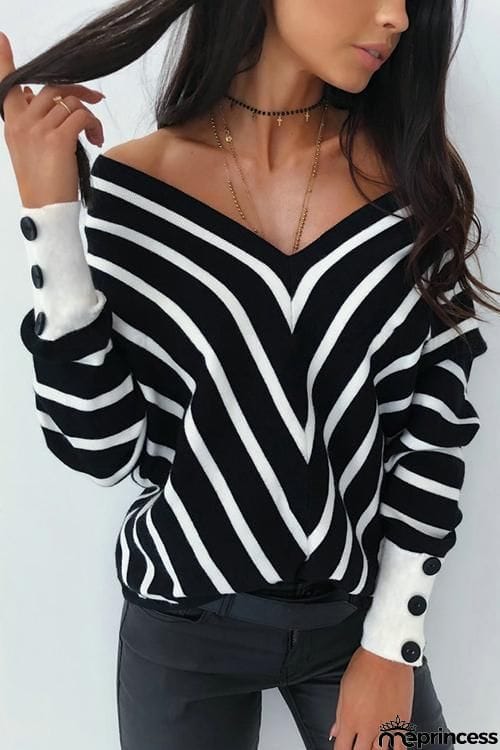Button Stripe V Neck T Shirt
