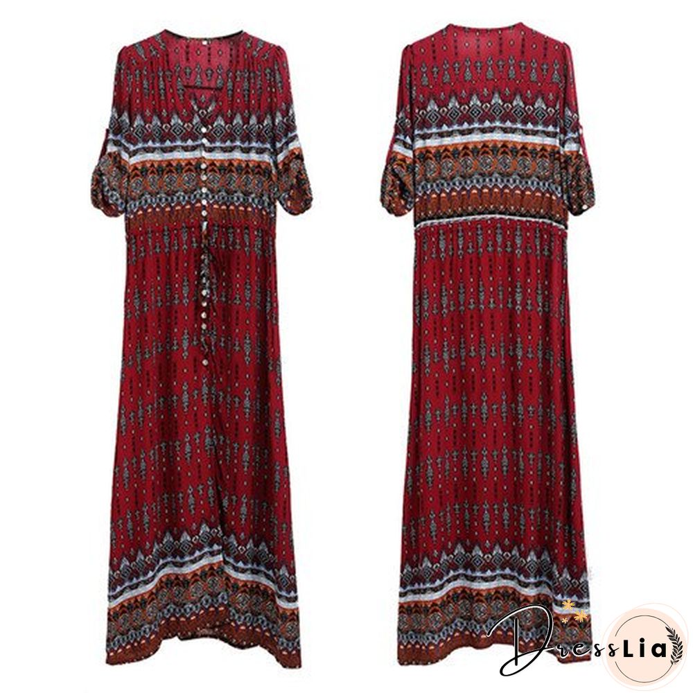 Back To School Outfit  New Bohemian Printing Long Dress Women Maxi Long Dress Floral Print Retro Hippie Vestidos Chic Brand Clothing Boho Dress