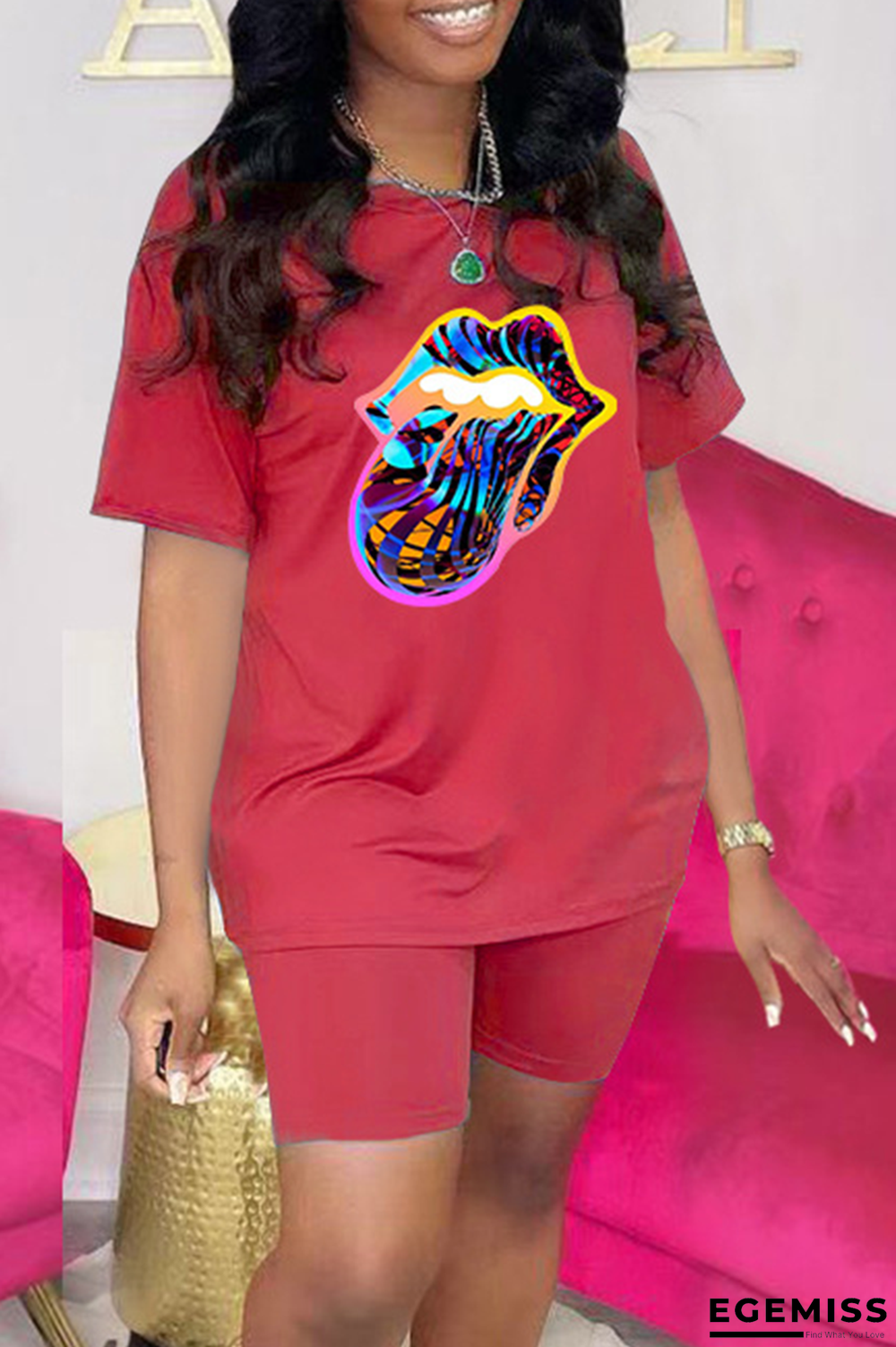 Red Fashion Lips Printed Patchwork O Neck Short Sleeve Two Pieces | EGEMISS