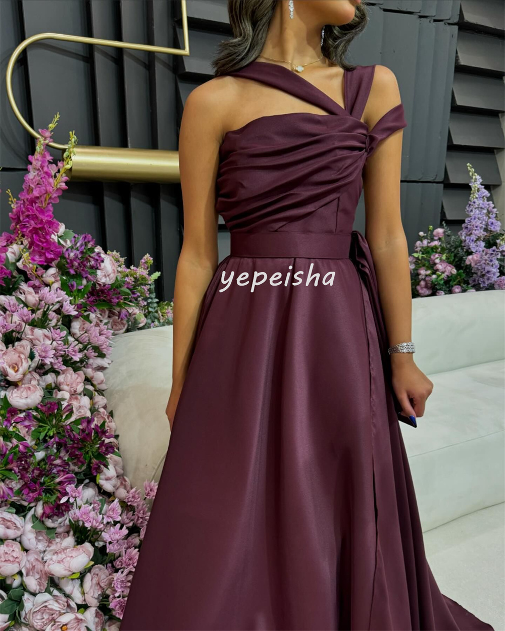 OLCooL Customized Modern Style Fashion Pleat Sash Draped A-line One-shoulder Long Dresses Bespoke Occasion Dresses Exquisite Elegant (PRE-ORDER) olcool